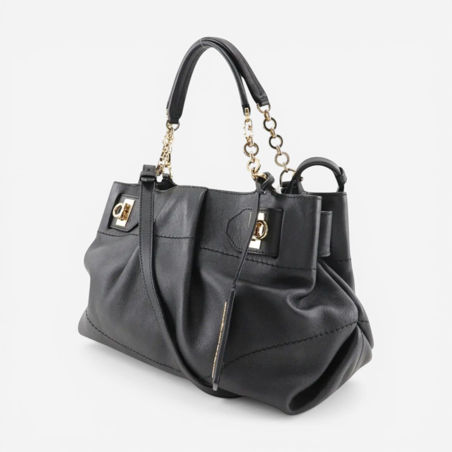 Salvatore Ferragamo 547641 Florence Gancini Black With Chain Tote Bag MSRP $2000 - THE SOLIST
