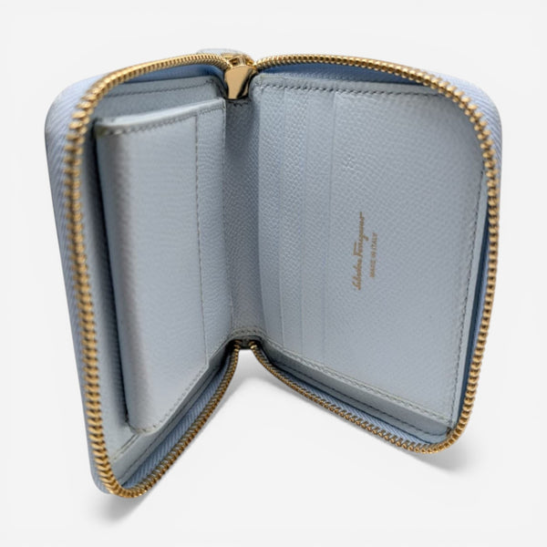 Salvatore Ferragamo Vara 683545 Light Blue Leather Compact Wallet MSRP $595 - THE SOLIST