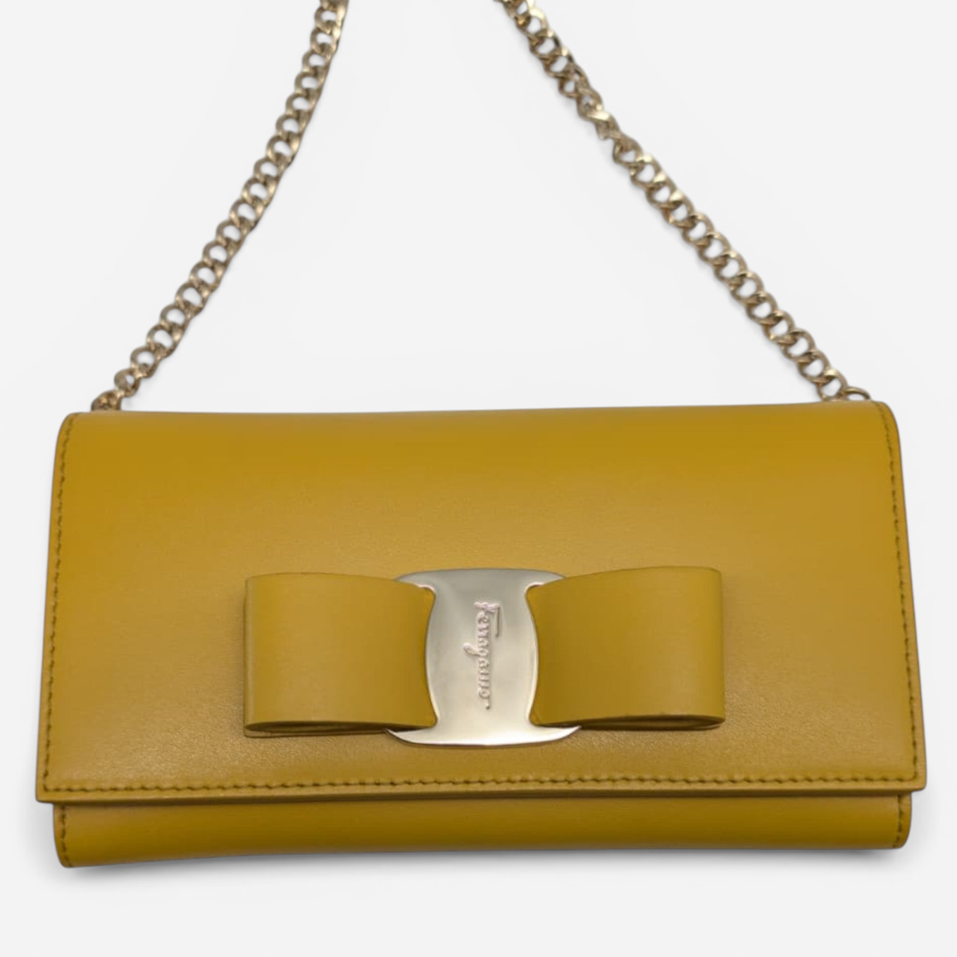 Salvatore Ferragamo Vara Women's 705291 Yellow Wallet With Chain MSRP $795 - THE SOLIST