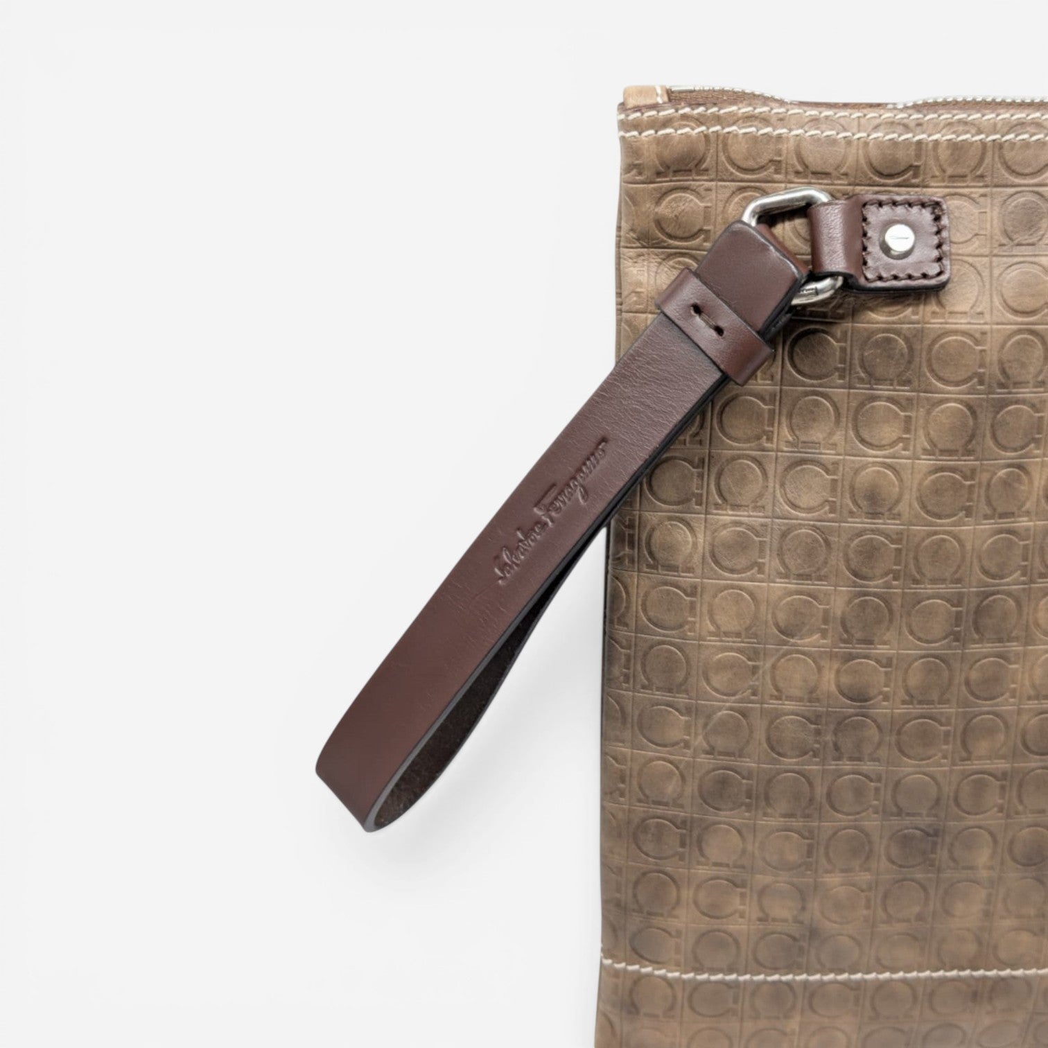 Salvatore Ferragamo 629960 Gancini Logo-Embossed Clutch Bag/Pouch Taupe MSRP$950 - THE SOLIST