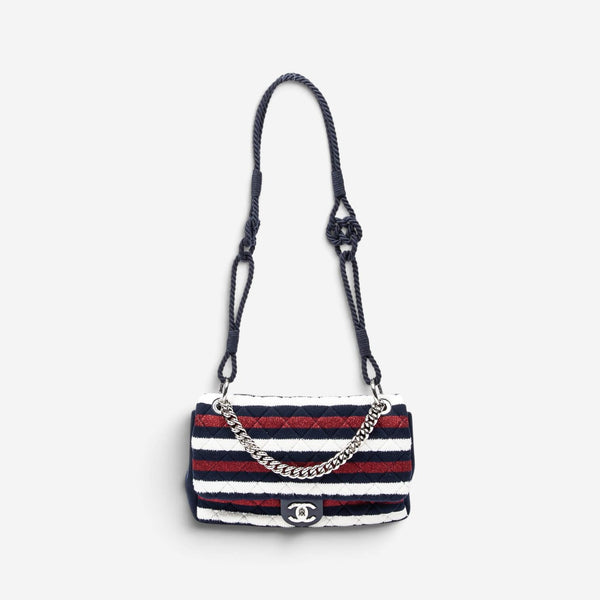 Chanel Quilted Striped Jersey Canvas Rope Single Flap Bag AAV9424