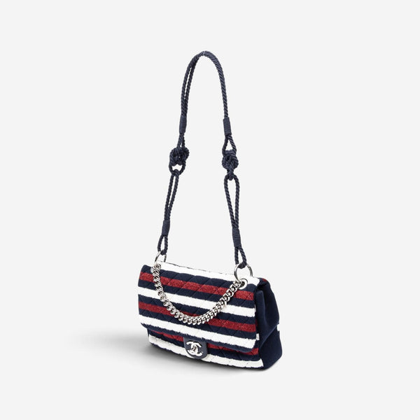 Chanel Quilted Striped Jersey Canvas Rope Single Flap Bag AAV9424