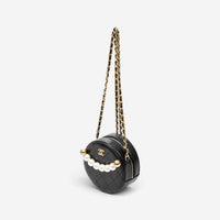 Chanel Black Quilted Lambskin Leather Front Pearl Round Chain Clutch AAW6884