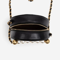 Chanel Black Quilted Lambskin Leather Front Pearl Round Chain Clutch AAW6884