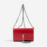 Yves Saint Laurent Kate Tassel Red Croc Embossed Leather Chain Wallet AAX2564