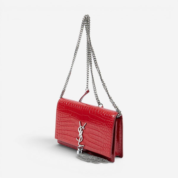 Yves Saint Laurent Kate Tassel Red Croc Embossed Leather Chain Wallet AAX2564