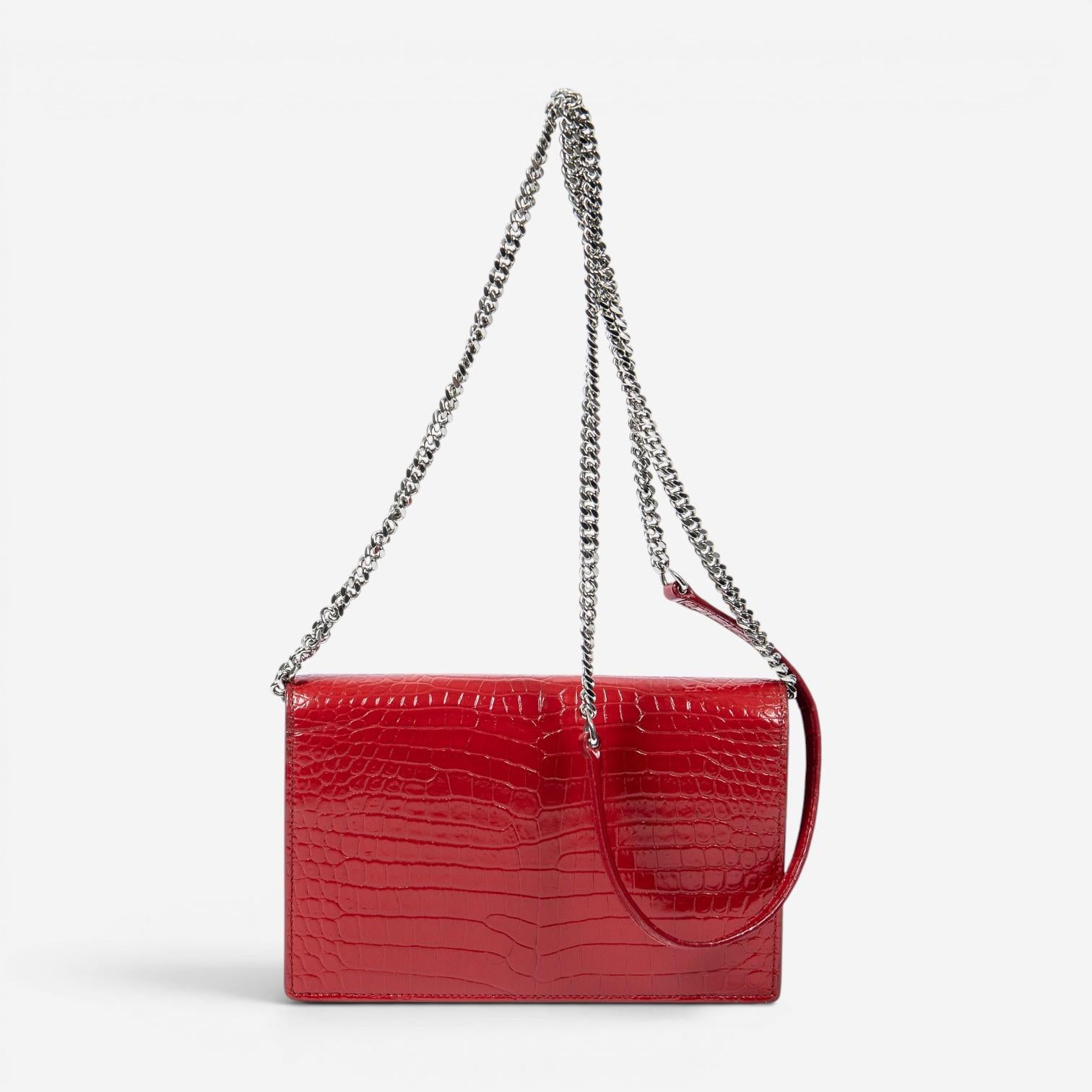 Yves Saint Laurent Kate Tassel Red Croc Embossed Leather Chain Wallet AAX2564