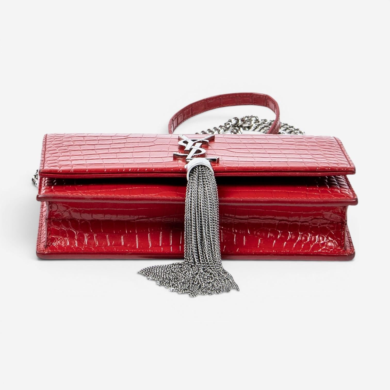Yves Saint Laurent Kate Tassel Red Croc Embossed Leather Chain Wallet AAX2564