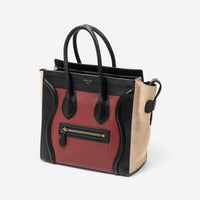Celine Black/Maroon/Beige Calfskin Leather Micro Luggage Tote Bag ABC3719
