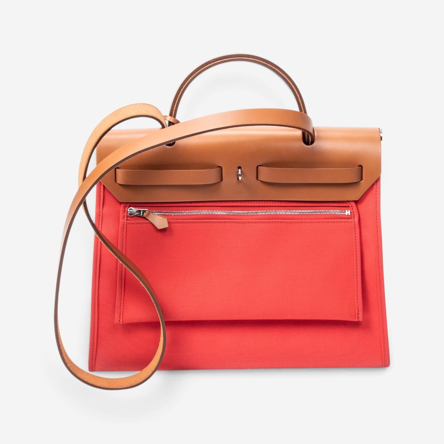 Hermès Herbag Zip Rouge Tomate Toile Officier Canvas Leather Bag ABC4930