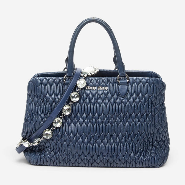 Miu Miu Square Crystal Blue Nappa Matelasse Leather Tote Bag ABC9449