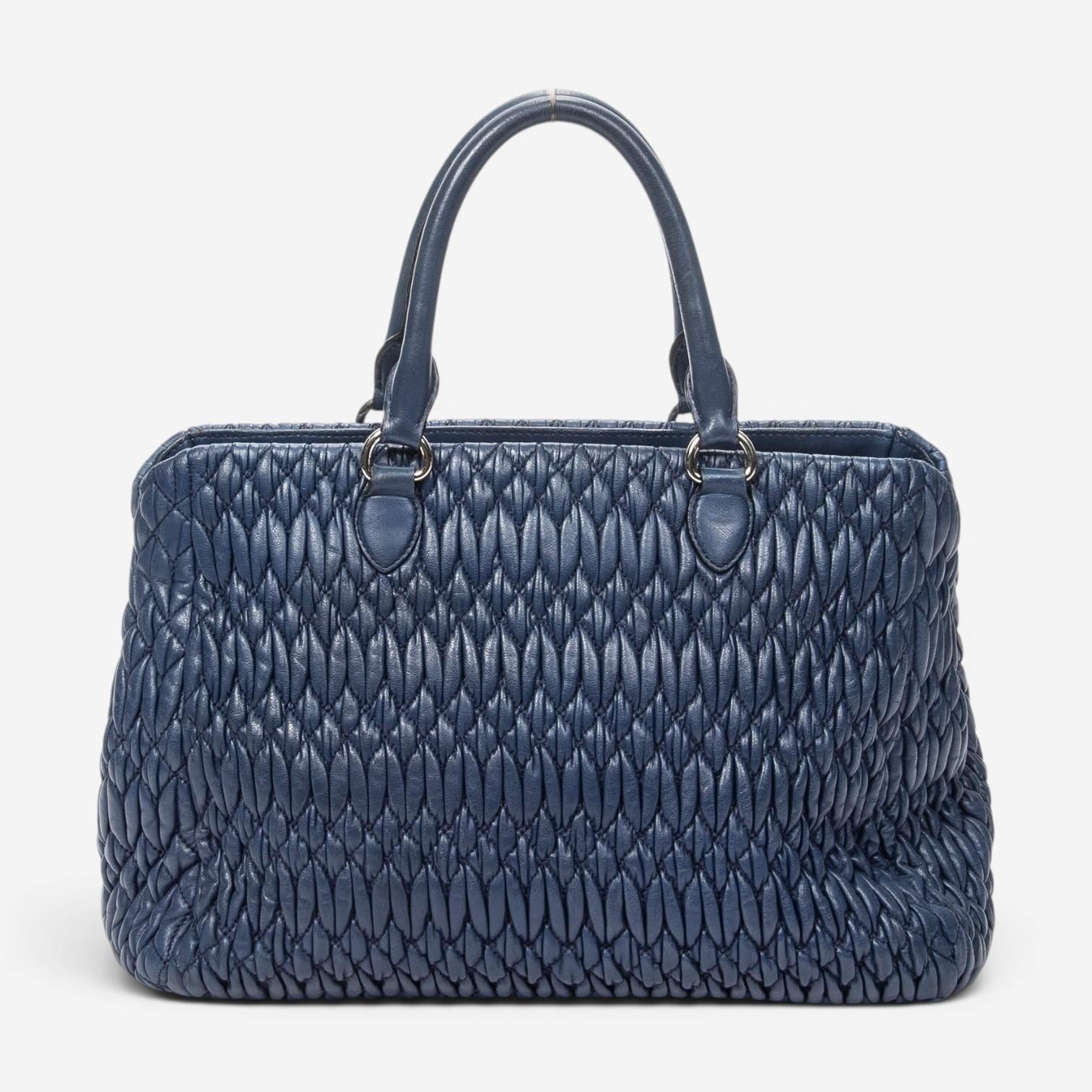 Miu Miu Square Crystal Blue Nappa Matelasse Leather Tote Bag ABC9449