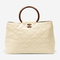 Chanel CC Ivory/Brown Calf Leather Wood Handle Tote ABD2842