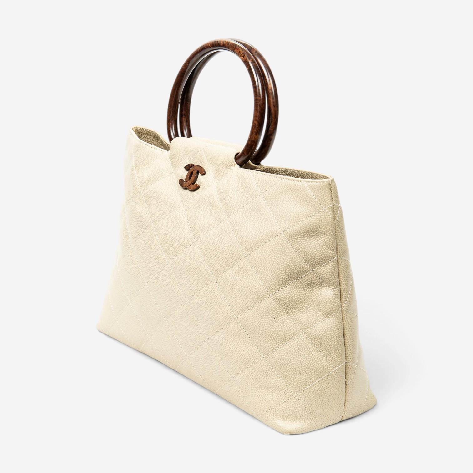 Chanel CC Ivory/Brown Calf Leather Wood Handle Tote ABD2842