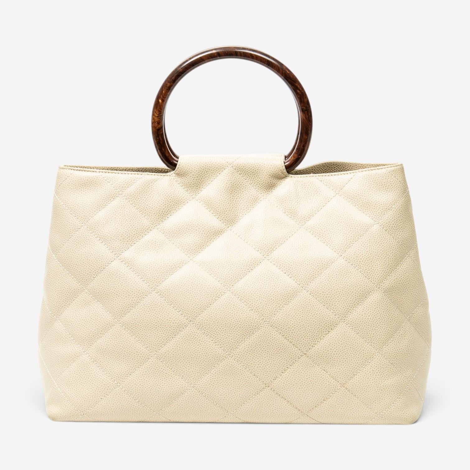 Chanel CC Ivory/Brown Calf Leather Wood Handle Tote ABD2842