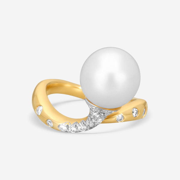 ASSAEL - Angela Cummings for Assael, Narrow Scroll Ring; Single South Sea Cultured Drop Pearl 11.2 X 10.8mm, 15 Diamonds 0.26cts, 18KY, Sz 6 - ACR0059 - THE SOLIST