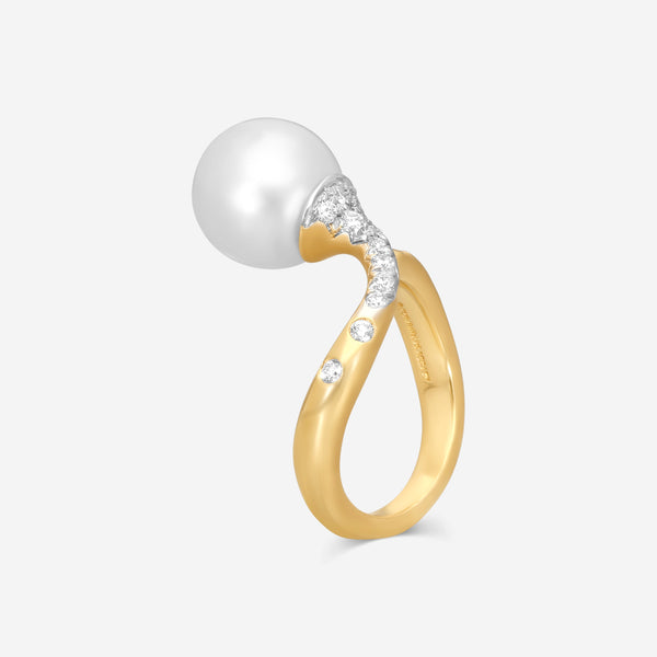 ASSAEL - Angela Cummings for Assael, Narrow Scroll Ring; Single South Sea Cultured Drop Pearl 11.2 X 10.8mm, 15 Diamonds 0.26cts, 18KY, Sz 6 - ACR0059 - THE SOLIST