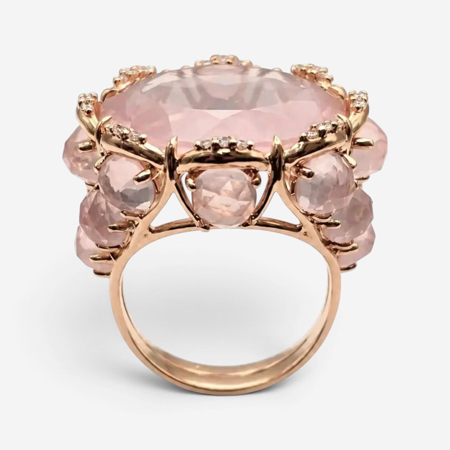 Giovanni Ferraris 18K Rose Gold Pink Quartz & Diamond Cocktail Ring Sz. 7.5 AN17