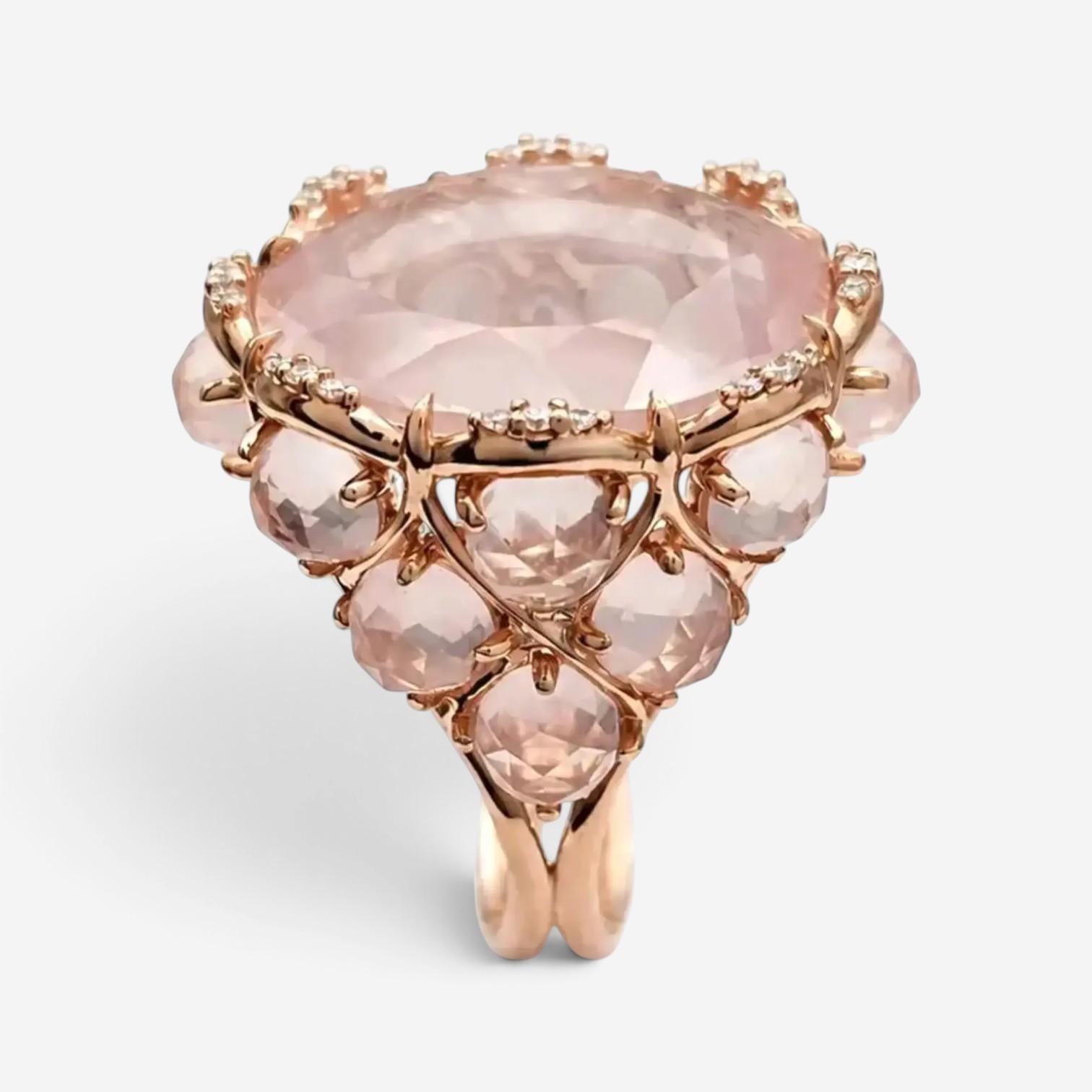 Giovanni Ferraris 18K Rose Gold Pink Quartz & Diamond Cocktail Ring Sz. 7.5 AN17