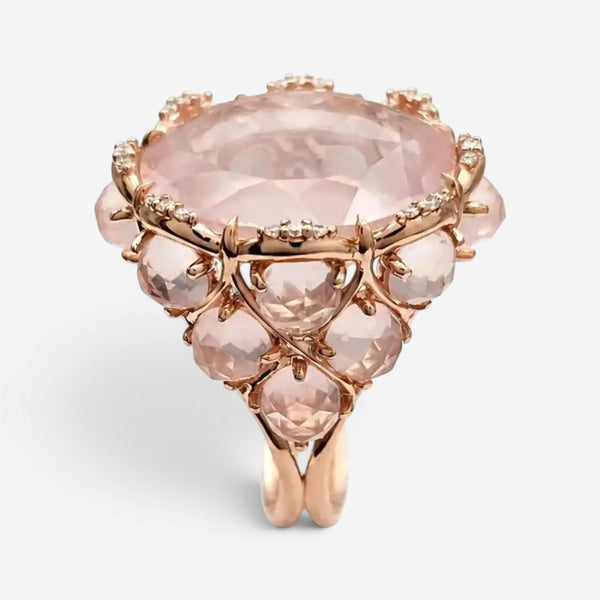 Giovanni Ferraris 18K Rose Gold Pink Quartz & Diamond Cocktail Ring Sz. 7.5 AN17