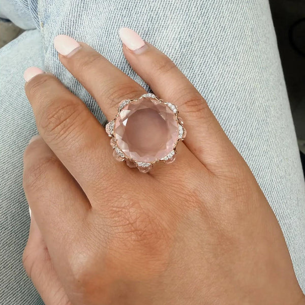 Giovanni Ferraris 18K Rose Gold Pink Quartz & Diamond Cocktail Ring Sz. 7.5 AN17