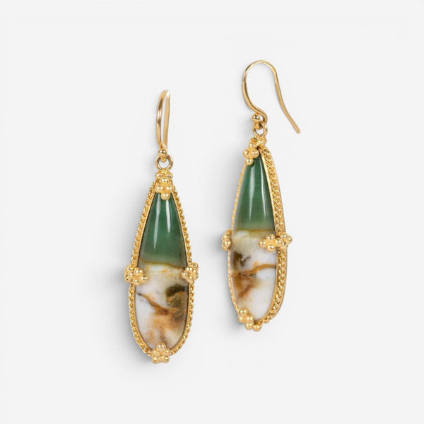 Amáli One of a Kind 18K Yellow Gold Petrified Wood Blue Opal Drop Earrings E-196