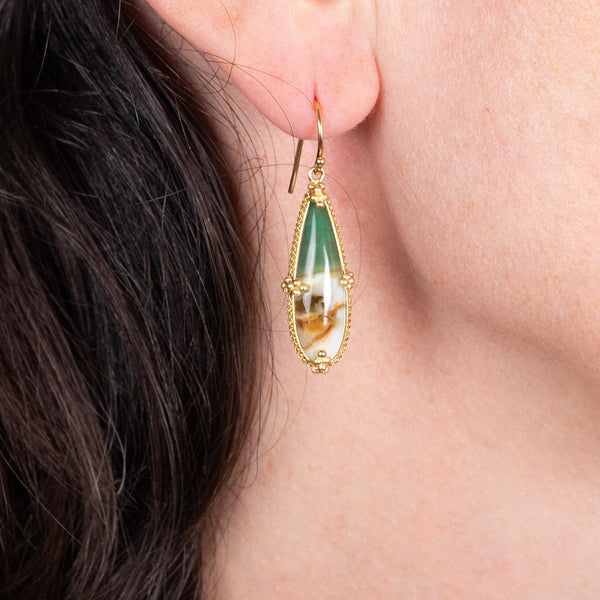 Amáli One of a Kind 18K Yellow Gold Petrified Wood Blue Opal Drop Earrings E-196
