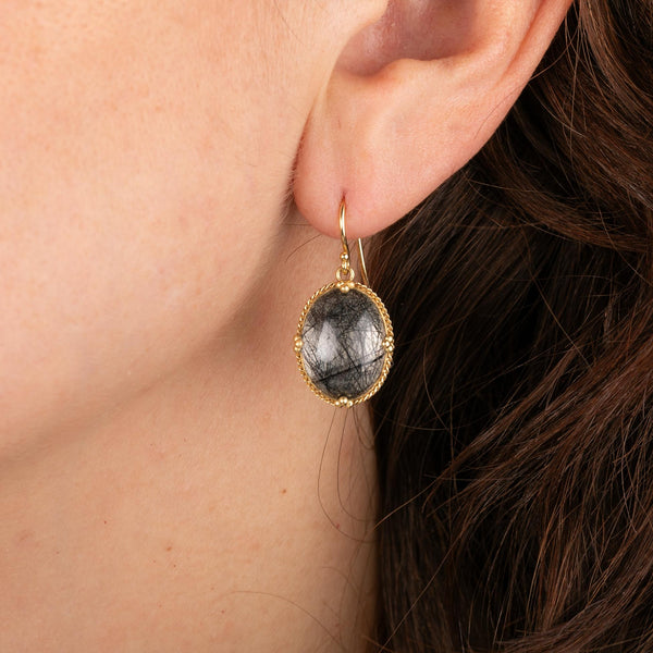 Amáli One of a Kind 18K Yellow Gold Black Tourmalated Quartz Drop Earrings E-150