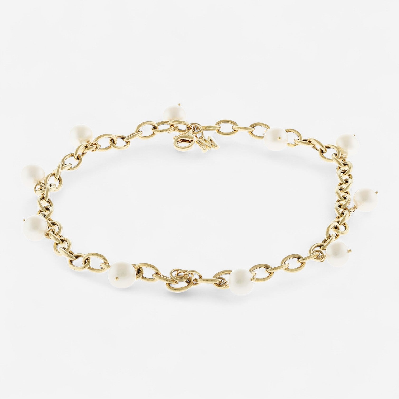 Alberto Milani 18K Yellow Gold Cultured Pearl Oval Rolo Charm Bracelet B0130E-7.5