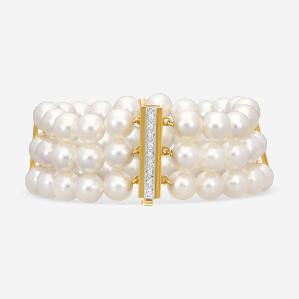 ASSAEL - Japanese Akoya Cultured Pearl and Diamond Three Row Bracelet; 60 Pearls 8.0 to 8.5mm, Diamond Clasp 0.09 ct, 3 Diamond Dividers 0.27 ct, 18K YG (7 in) - B1262 - THE SOLIST