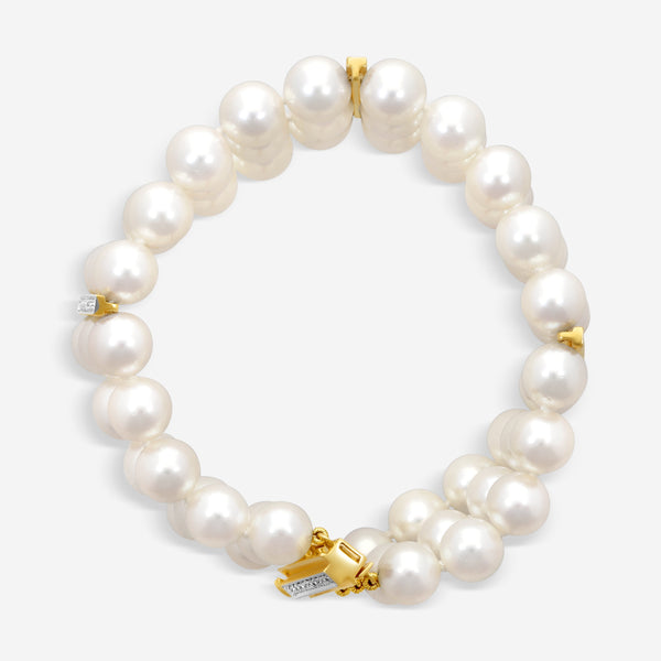 ASSAEL - Japanese Akoya Cultured Pearl and Diamond Three Row Bracelet; 60 Pearls 8.0 to 8.5mm, Diamond Clasp 0.09 ct, 3 Diamond Dividers 0.27 ct, 18K YG (7 in) - B1262 - THE SOLIST