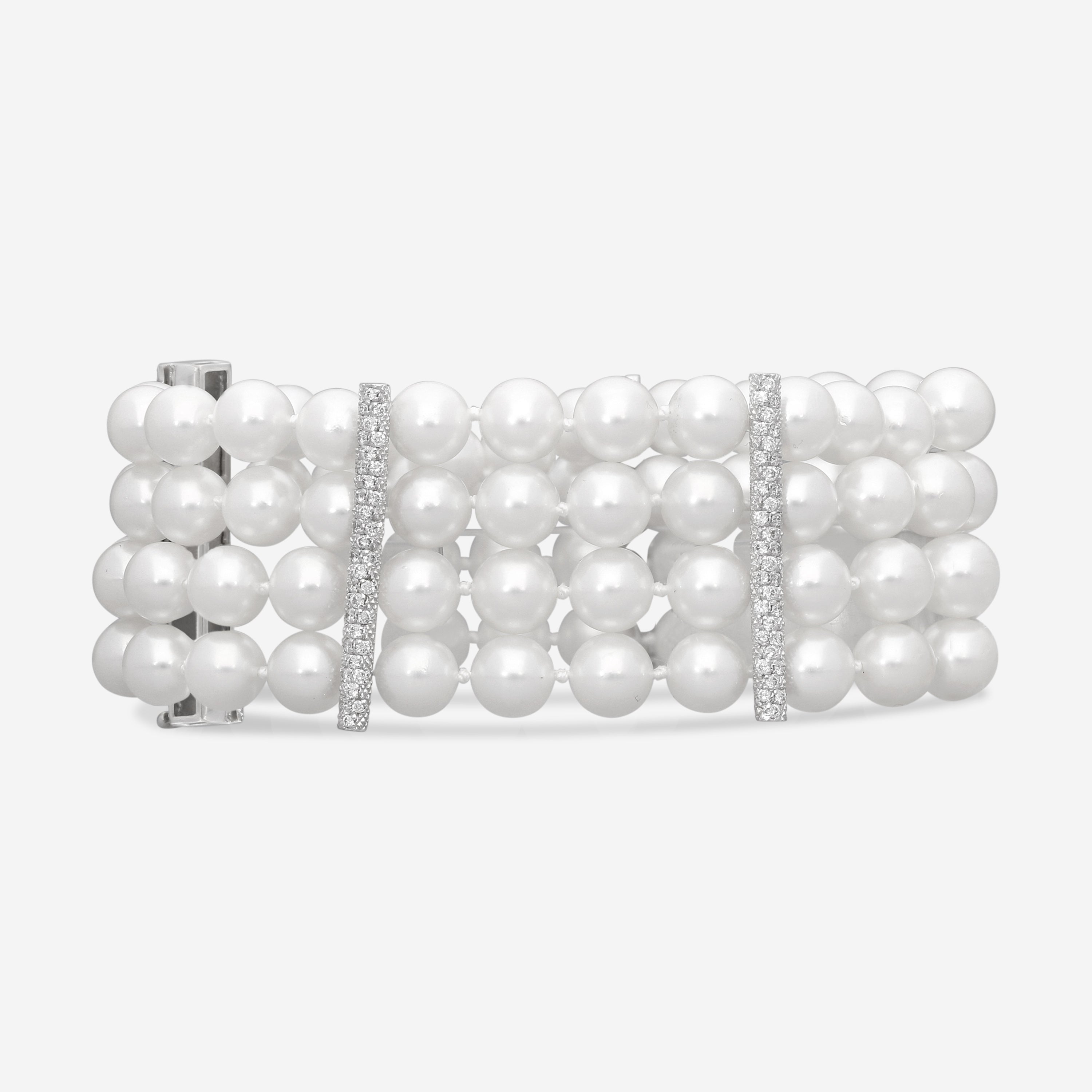 ASSAEL - Japanese Akoya Cultured Pearl Four Row Bracelet; 92 Pearls 6.5 to 7.0mm with an 18K WG Diamond Clasp, Diamonds 0.78ct, 4 18K WG Diamond Dividers 0.90ct - B1481 - THE SOLIST
