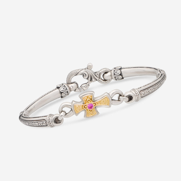 Konstantino Hermione Sterling Silver and 18K Yellow Gold Pink Sapphire Open Cuff BMK4328-124-CUT