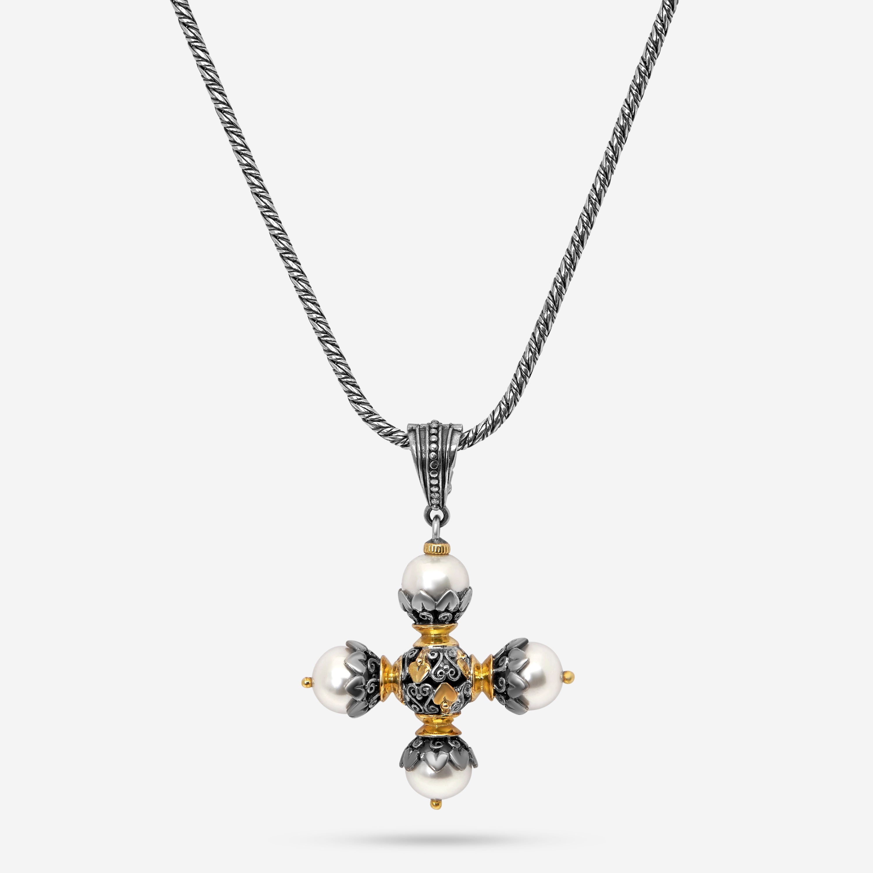 Konstantino 18K Yellow Gold, Pearl Cross Pendant Necklace C-STKJ76-122 - THE SOLIST