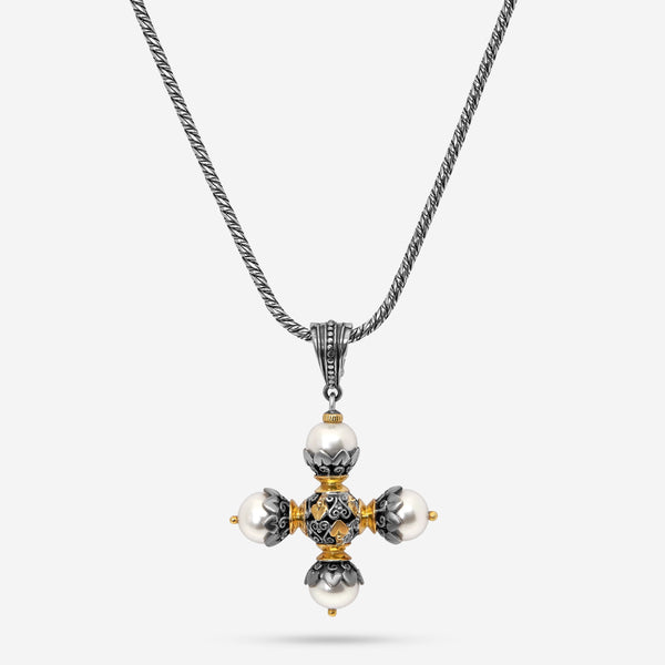 Konstantino 18K Yellow Gold, Pearl Cross Pendant Necklace C-STKJ76-122 - THE SOLIST