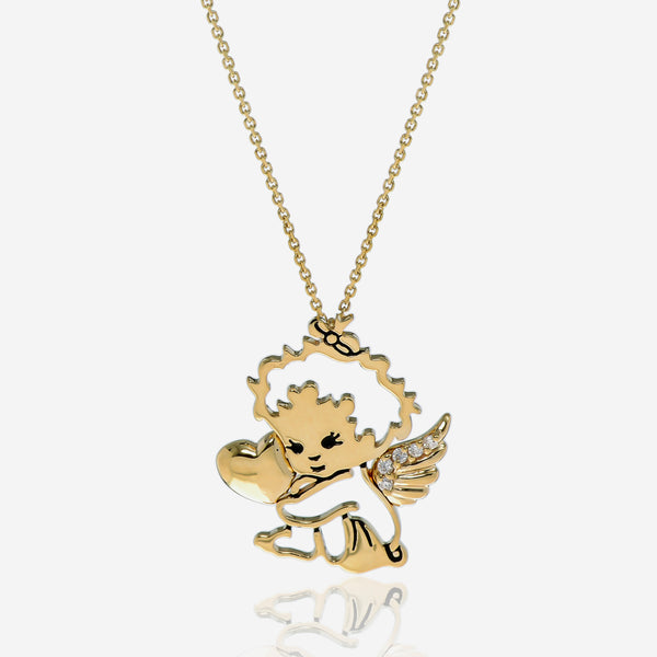 Minu by Giovanni Ferraris 18K Yellow Gold Diamond Angel, Polished Heart and Wings Pendant Necklace CL1667AG-L - THE SOLIST
