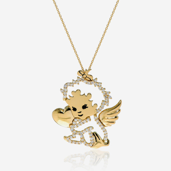 Minu by Giovanni Ferraris 18K Yelllow Gold 0.47ct. tw. Diamond Angel with Polished Heart Pendant Necklace CL1667DG-L