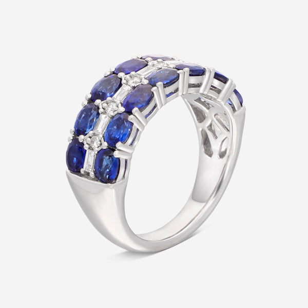 Ina Mar 14K White Gold Three Row 0.31ct.tw Diamonds and 3.17ct.tw Blue Sapphire Statement Ring