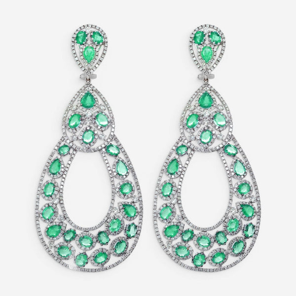 Diana M. Jewels 18K White Gold Emerald & Diamond Drop Earrings CSE215
