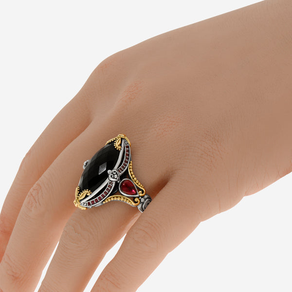 Konstantino Calypso Sterling Silver and 18K Yellow Gold, Onyx and Corundum Statement Ring DMK2125-486 S8