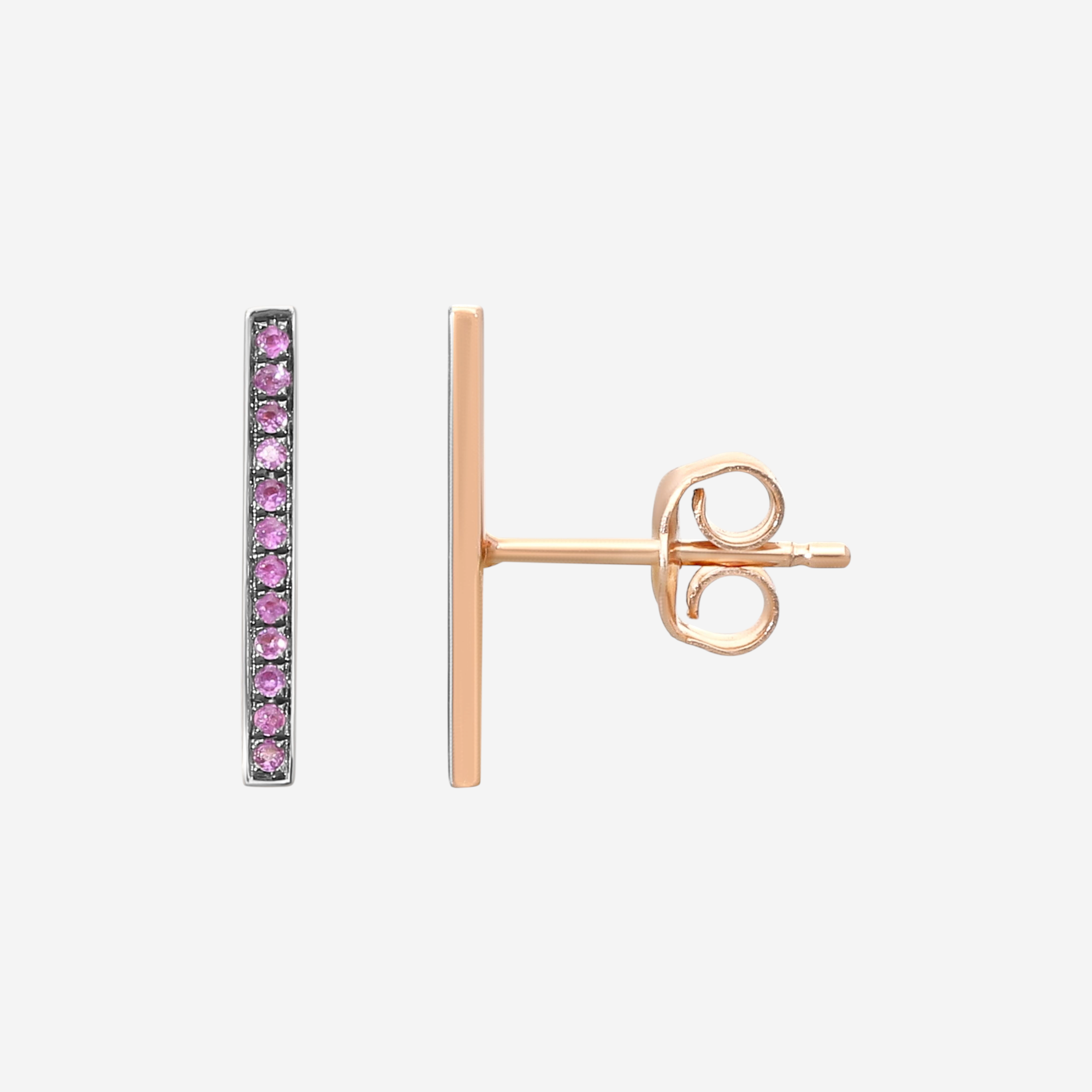 THE SOLIST Sydney Evan 14K rose gold bar stud earrings featuring pink sapphires with blackened rhodium accents.