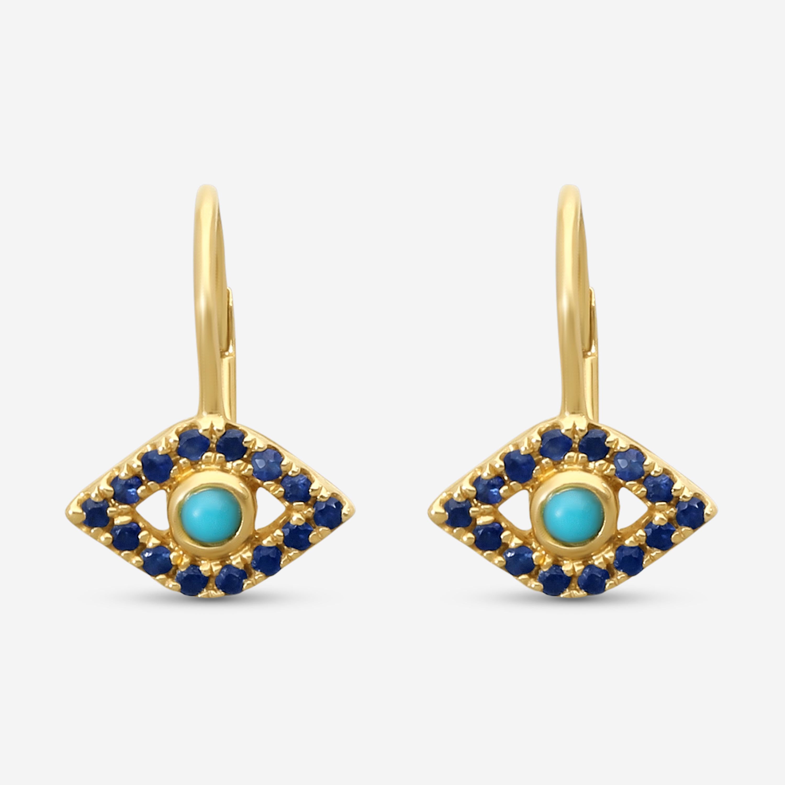 Sydney Evan Large Bezel Protective Eye 14K Yellow Gold Turquoise and Sapphire Drop Earrings E35954TQS-Y