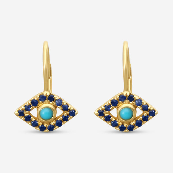 Sydney Evan Large Bezel Protective Eye 14K Yellow Gold Turquoise and Sapphire Drop Earrings E35954TQS-Y