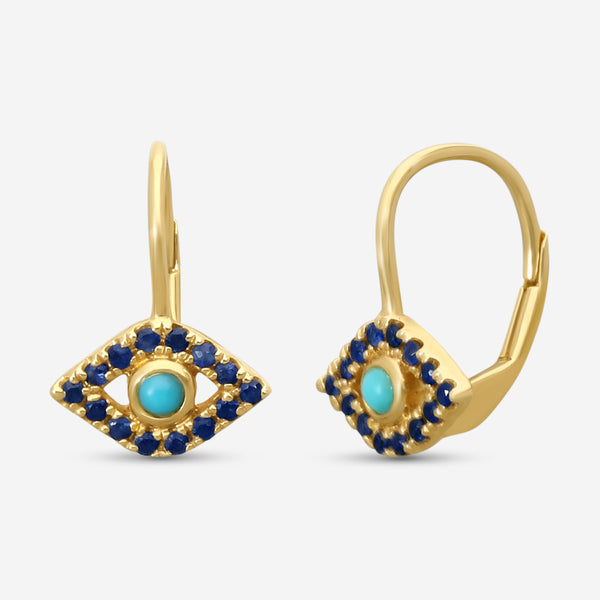 Sydney Evan Large Bezel Protective Eye 14K Yellow Gold Turquoise and Sapphire Drop Earrings E35954TQS-Y