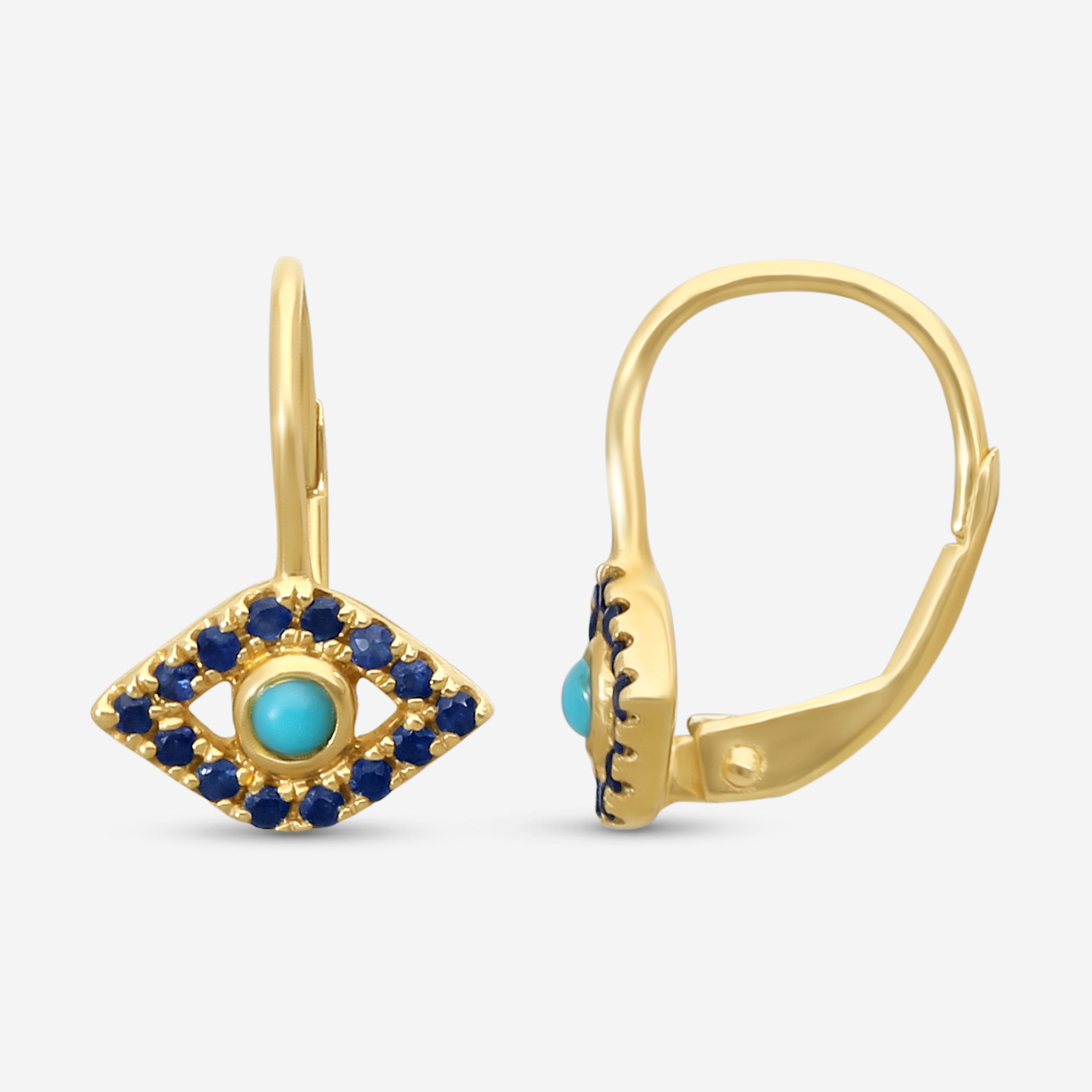 Sydney Evan Large Bezel Protective Eye 14K Yellow Gold Turquoise and Sapphire Drop Earrings E35954TQS-Y