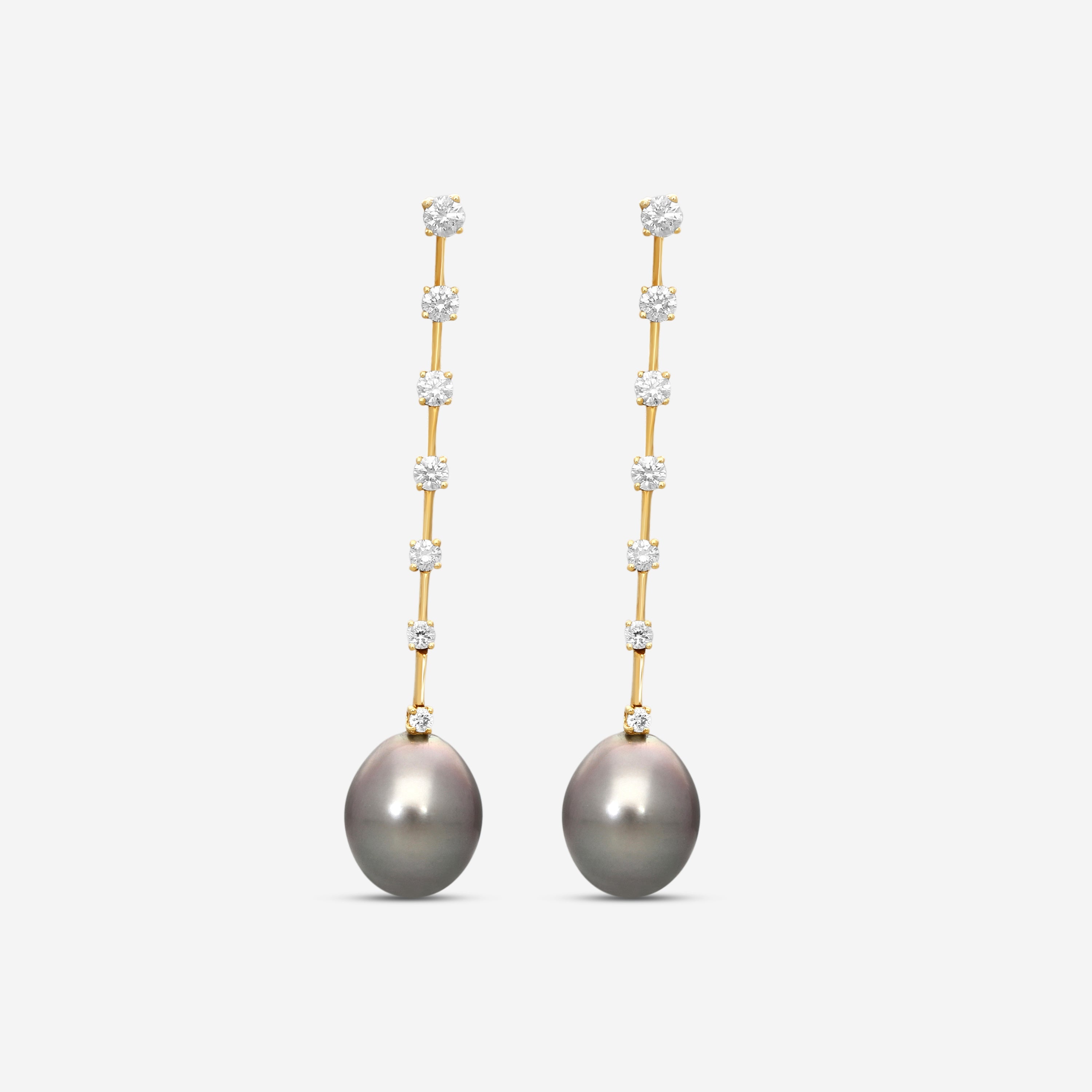 ASSAEL - Tahitian Natural Color Cultured Pearl and Diamond Earrings; 2 Drop Pearls 14.5 x 12.1mm, 14 Diamonds 1.40 ct, Post & Backs, 18K YG - E3925 - THE SOLIST
