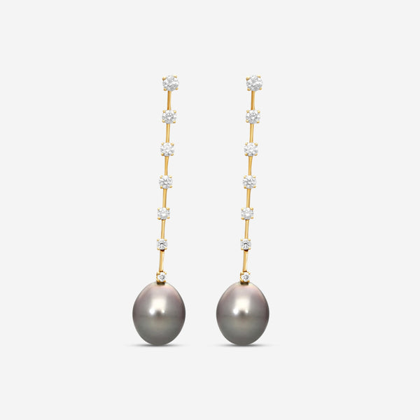 ASSAEL - Tahitian Natural Color Cultured Pearl and Diamond Earrings; 2 Drop Pearls 14.5 x 12.1mm, 14 Diamonds 1.40 ct, Post & Backs, 18K YG - E3925 - THE SOLIST