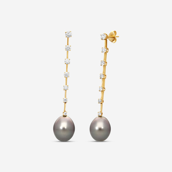 ASSAEL - Tahitian Natural Color Cultured Pearl and Diamond Earrings; 2 Drop Pearls 14.5 x 12.1mm, 14 Diamonds 1.40 ct, Post & Backs, 18K YG - E3925 - THE SOLIST