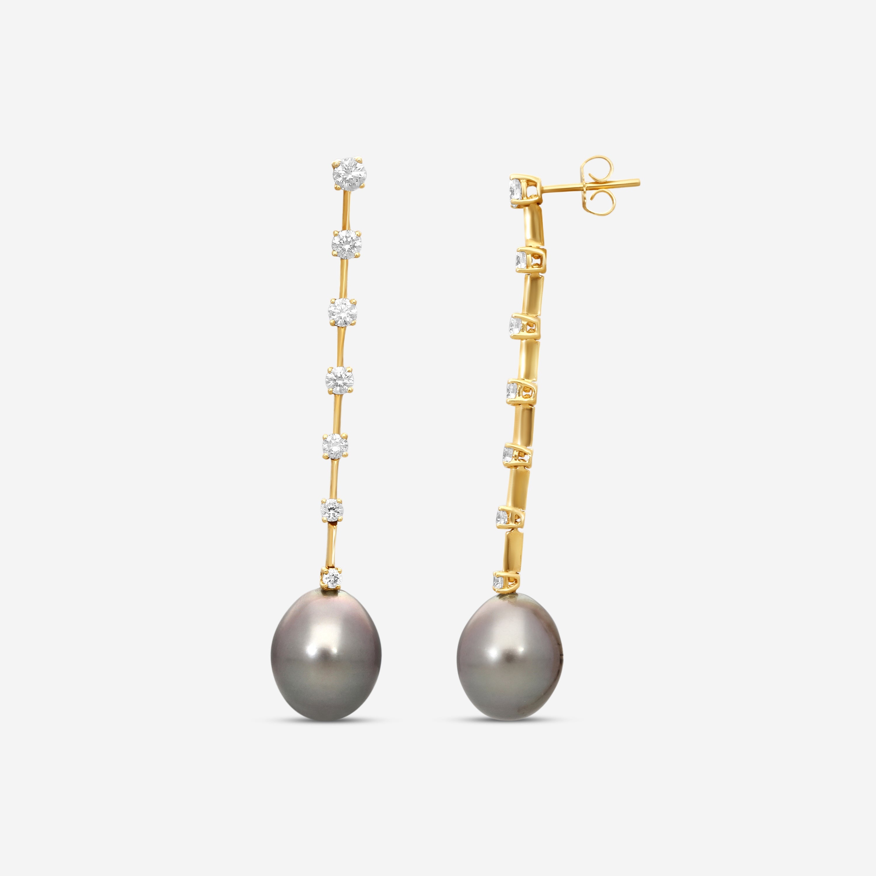 ASSAEL - Tahitian Natural Color Cultured Pearl and Diamond Earrings; 2 Drop Pearls 14.5 x 12.1mm, 14 Diamonds 1.40 ct, Post & Backs, 18K YG - E3925 - THE SOLIST