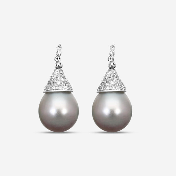 ASSAEL - Tahitian Natural Color Cultured Pearl and Diamond Earrings; 2 Drop Pearls 13.2 x 11.0mm, Diamonds 0.68 ct, 18K WG - E4485 - THE SOLIST